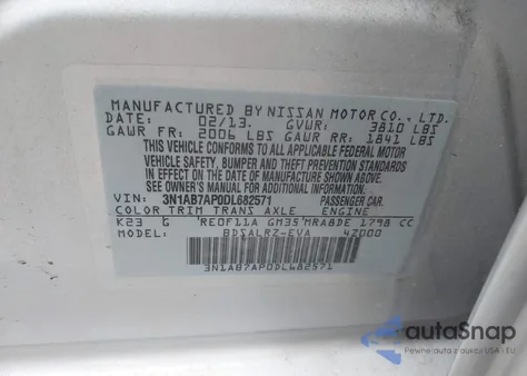 2013 Nissan Sentra Sr z USA, uszkodzony, nr VIN 3N1AB7AP0DL682571